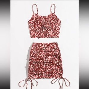 SHEIN Plus Ruched Drawstring Ditsy Floral Peekaboo Cami Top & Skirt Set